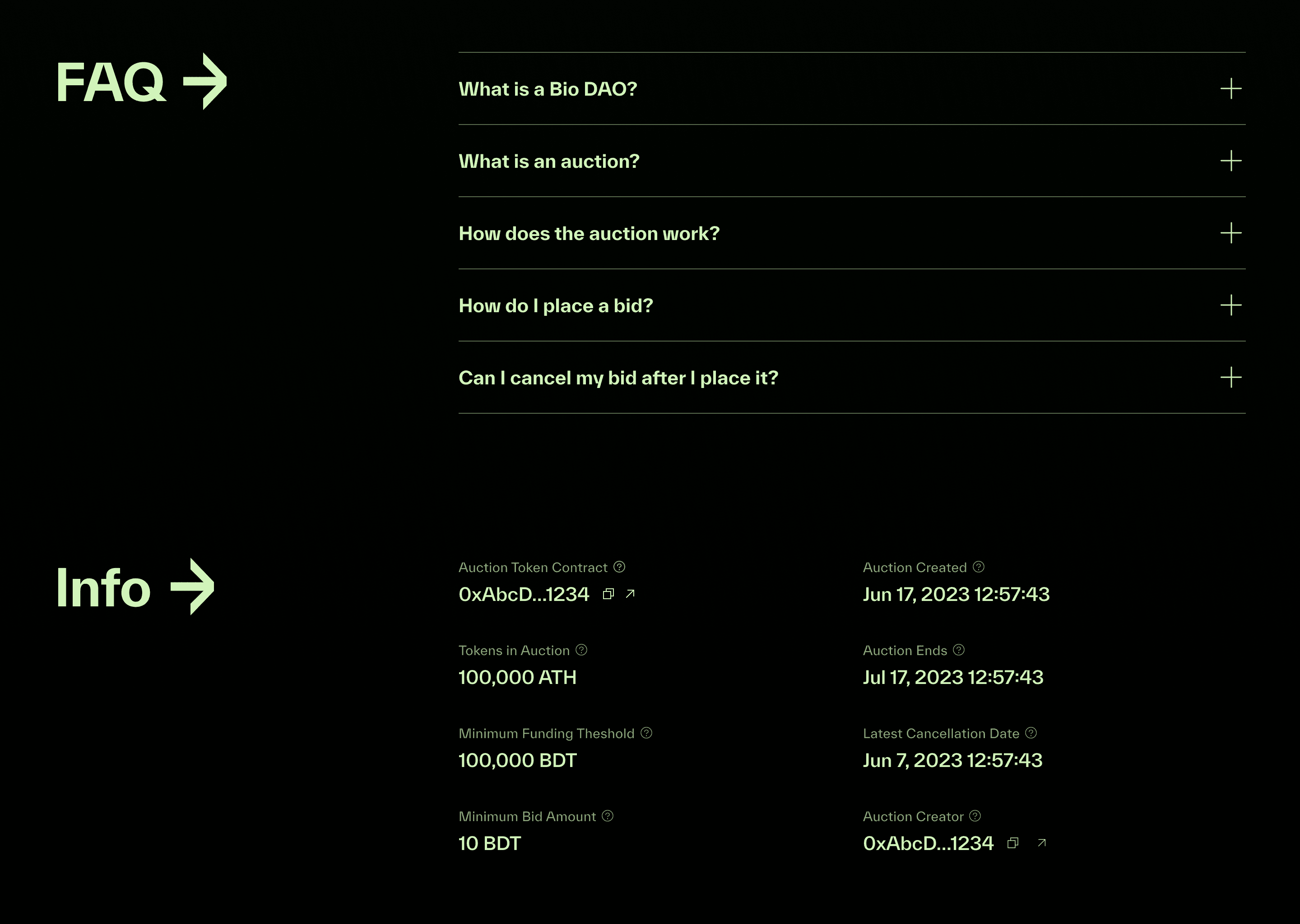 The FAQ and info sections of an auction page: five questions about BioDAOs, auctions, and bidding, and the auction’s contract address, token supply, minimum funding, minimum bid, and key dates.