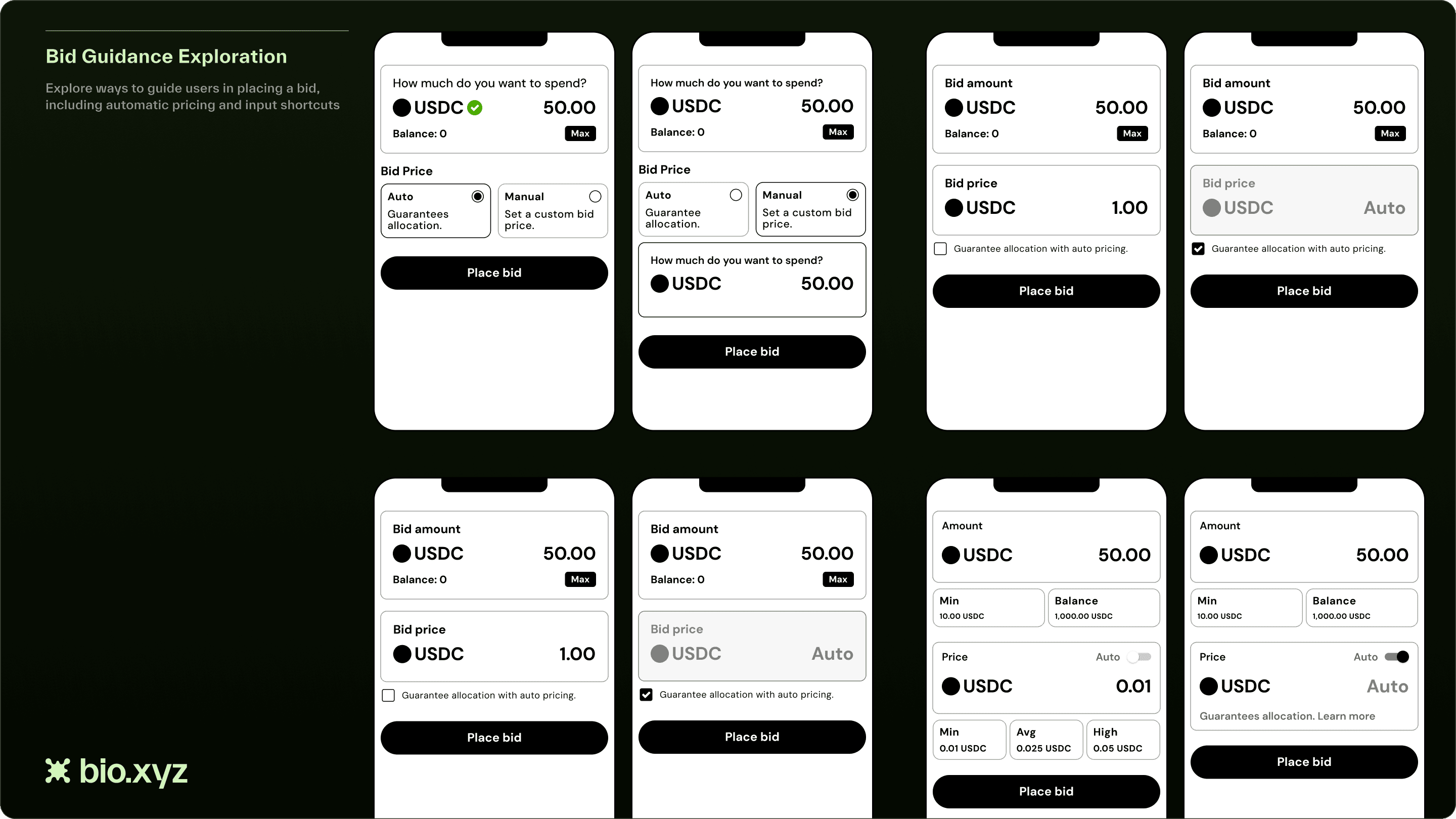 Eight phone wireframes of the bid form exploring guidance: auto and manual pricing, a checkbox to guarantee allocation, an auto toggle, and shortcuts for minimum, average, and high prices.