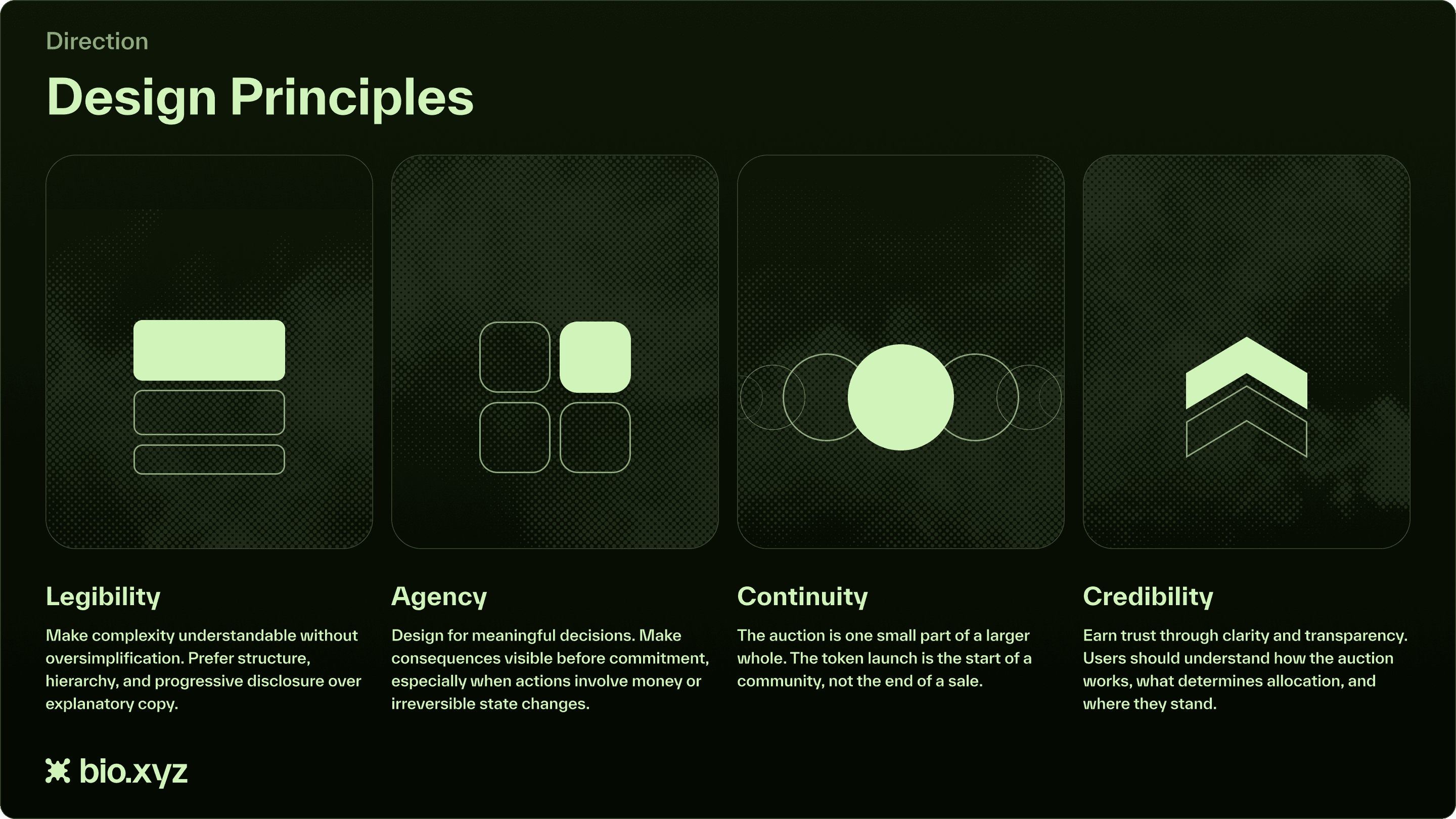 Four design principles, each with an icon: legibility, agency, continuity, and credibility, with a short definition under each.