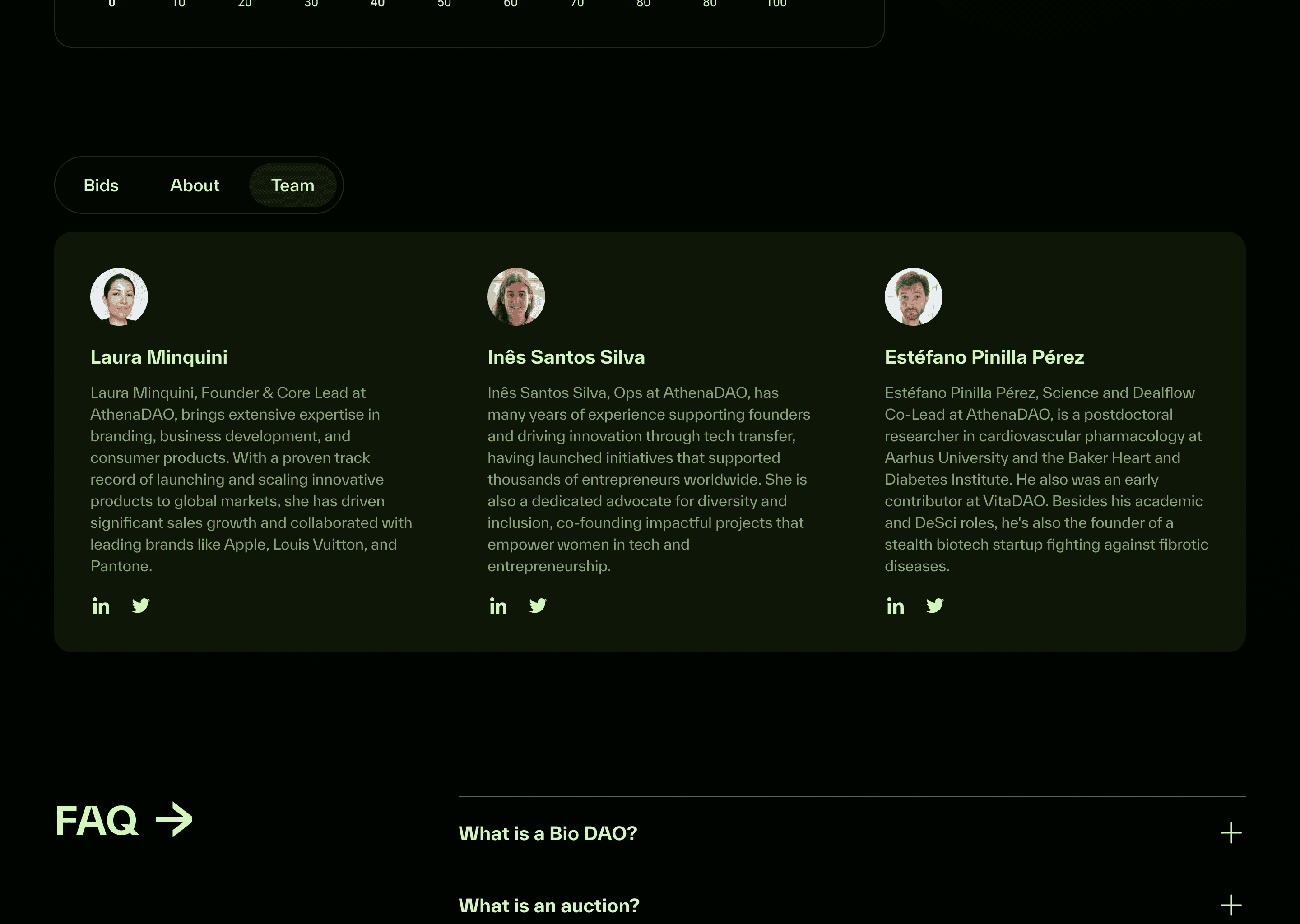 The team tab of the AthenaDAO auction page: three team members with photo, name, bio, and links to LinkedIn and Twitter, above an FAQ.