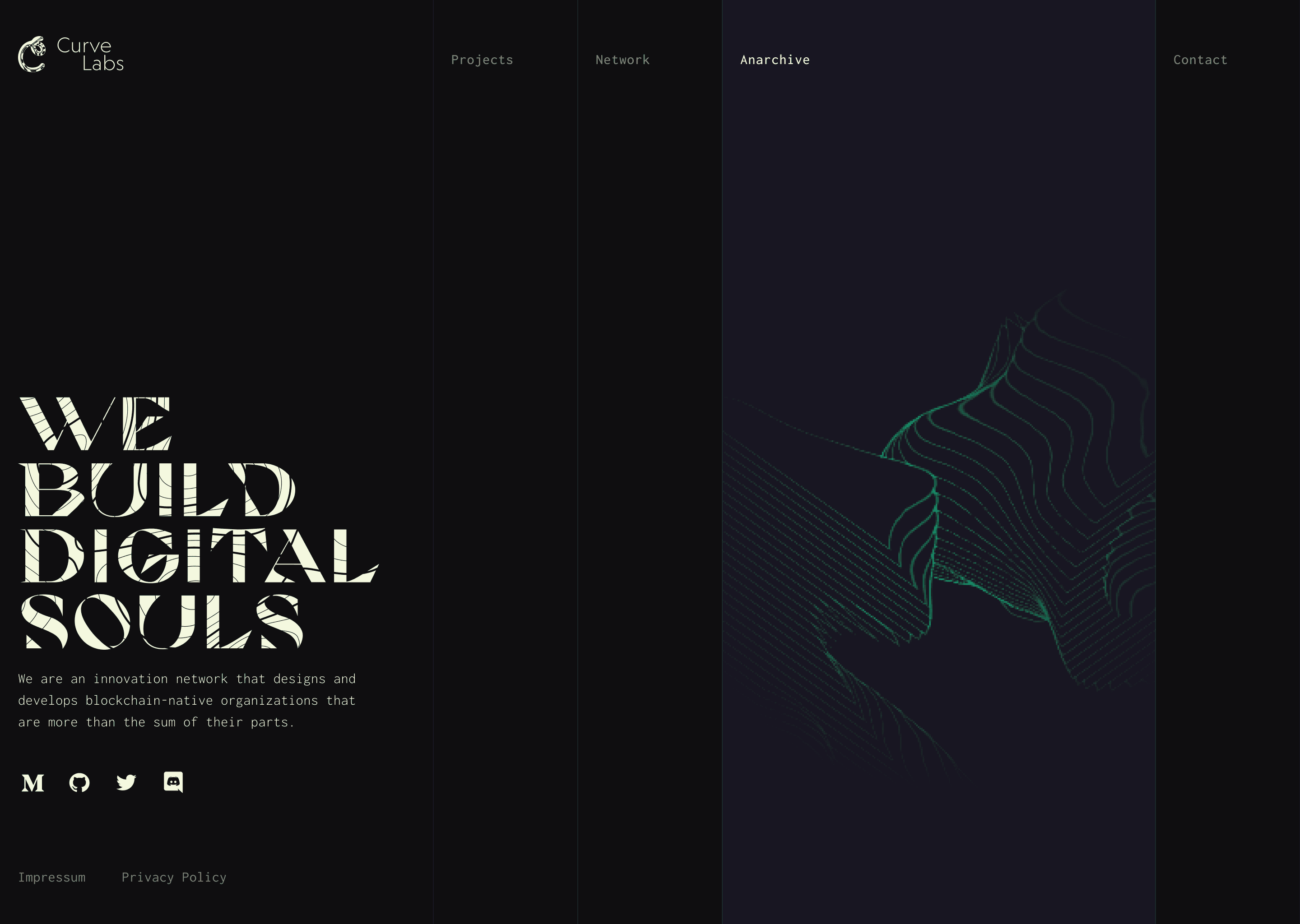 The home page with the Anarchive panel open, showing green contour lines flowing across a dark blue ground.