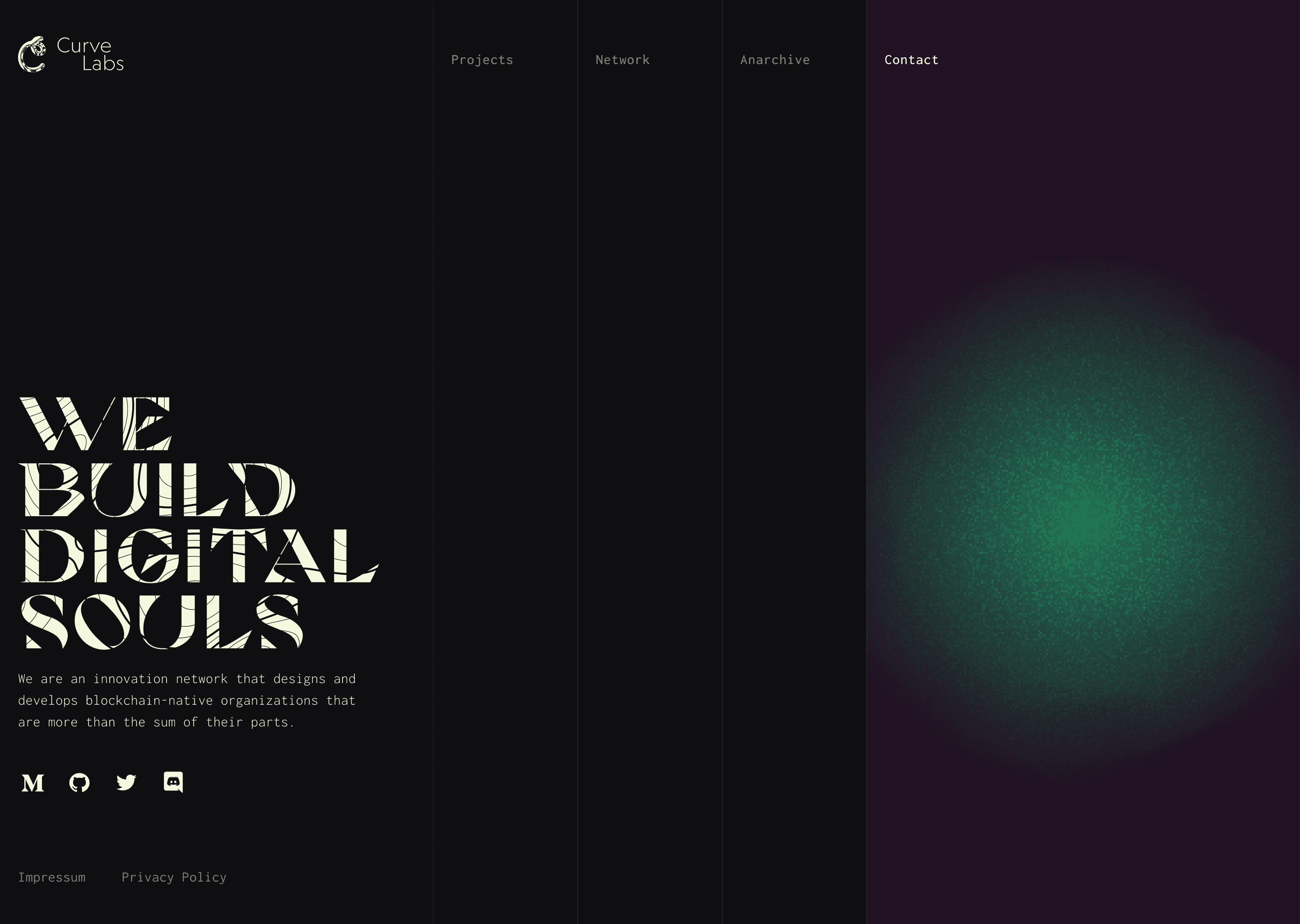 The home page with the Contact panel open, showing a soft green glow on a dark purple ground.