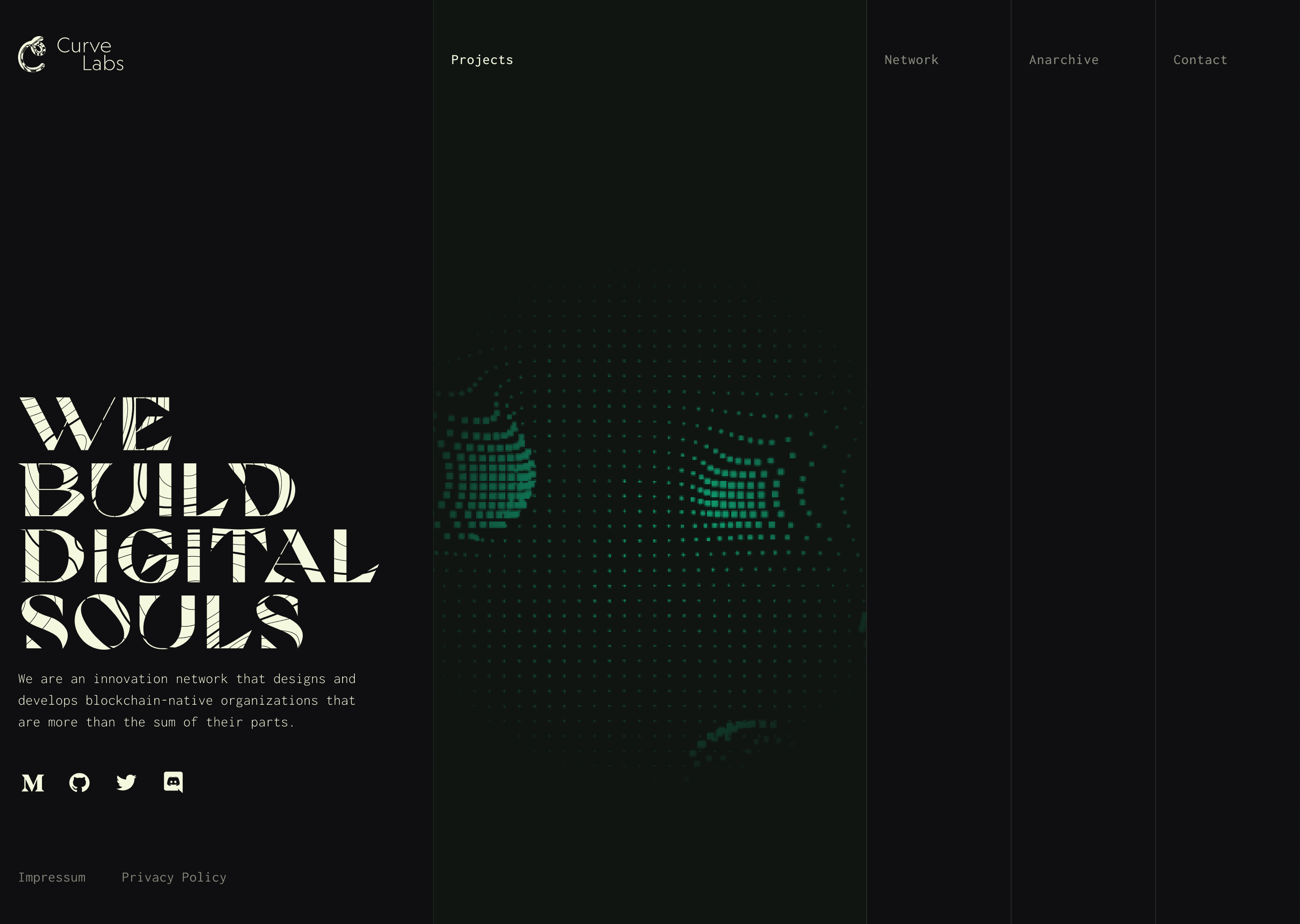 The final Curve Labs home page: “We build digital souls” in a cracked display typeface on the left, and four vertical panels, Projects, Network, Anarchive, and Contact, with the Projects panel open on a green dotted sphere.