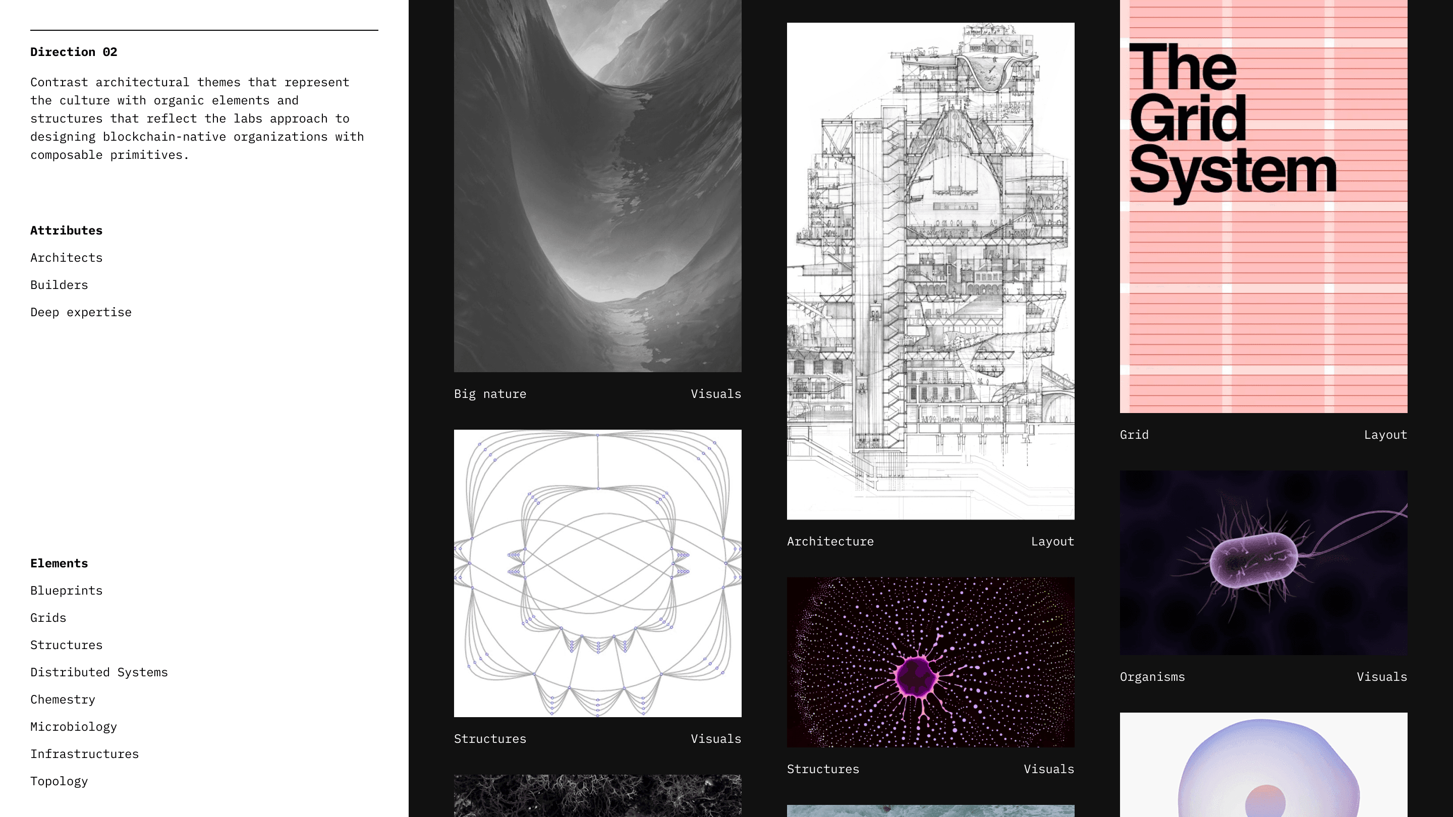 Moodboard for direction two, architects, builders, and deep expertise: a vast landscape, an architectural section drawing, a grid system poster, structural diagrams, and microscopic organisms.