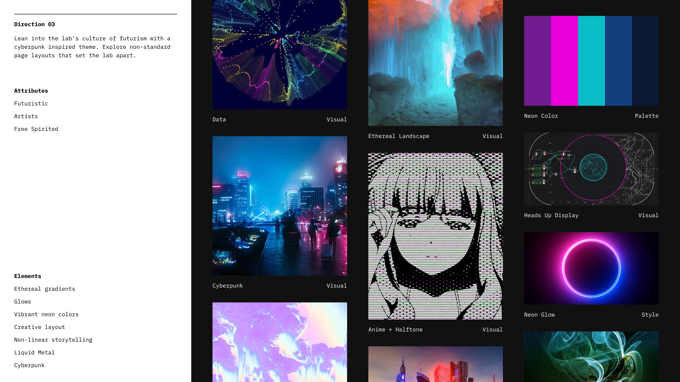 Moodboard for direction three, futuristic, artists, and free spirited: neon cityscapes, data visualizations, a halftone anime portrait, a neon palette, a heads up display, and glowing rings.