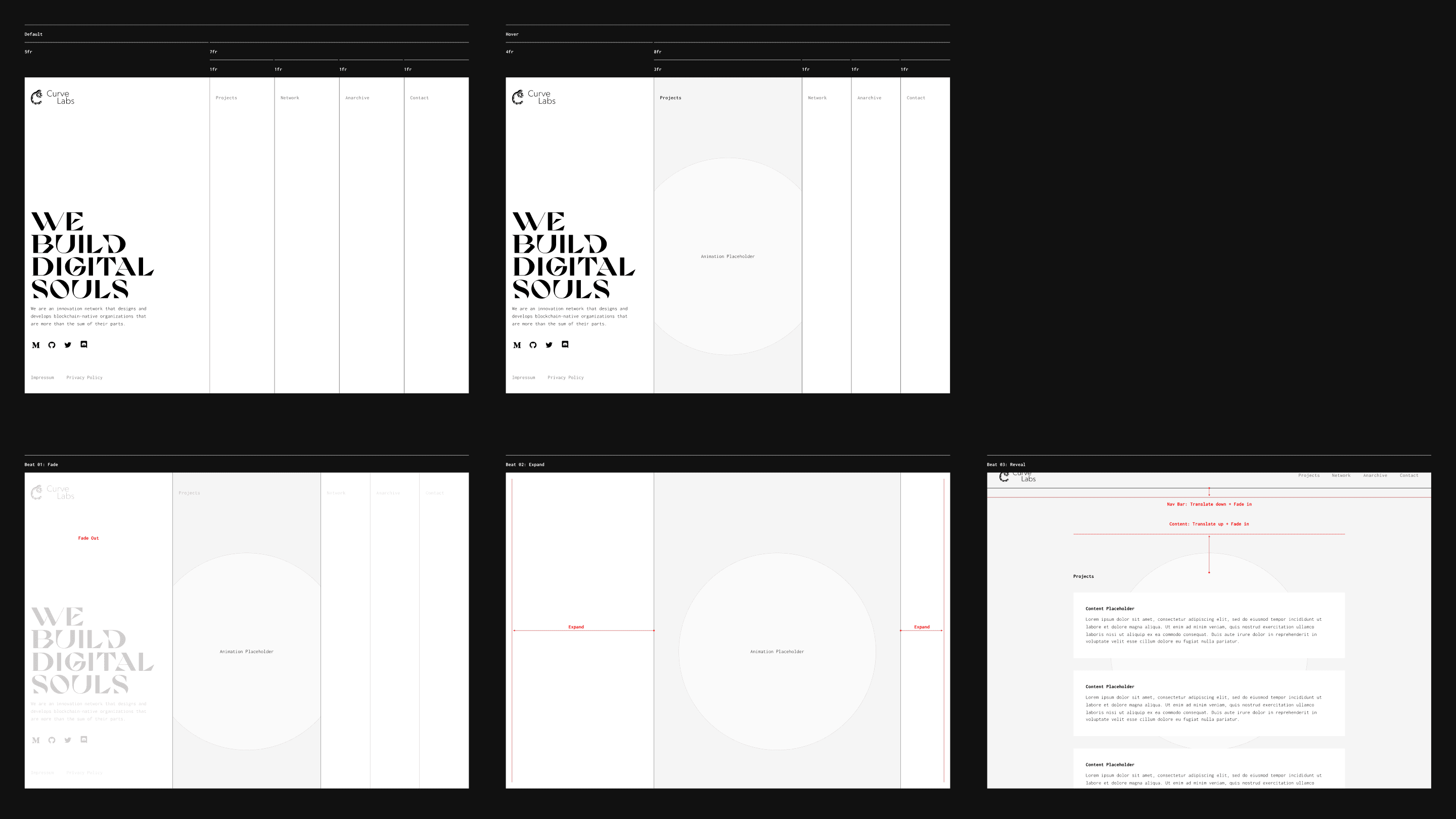 Five wireframes of the home page’s paneled layout: the default state with four narrow panels, a hover state where the Projects panel widens to show an animation, and three beats of the reveal, fade, expand, and the content sliding into place.