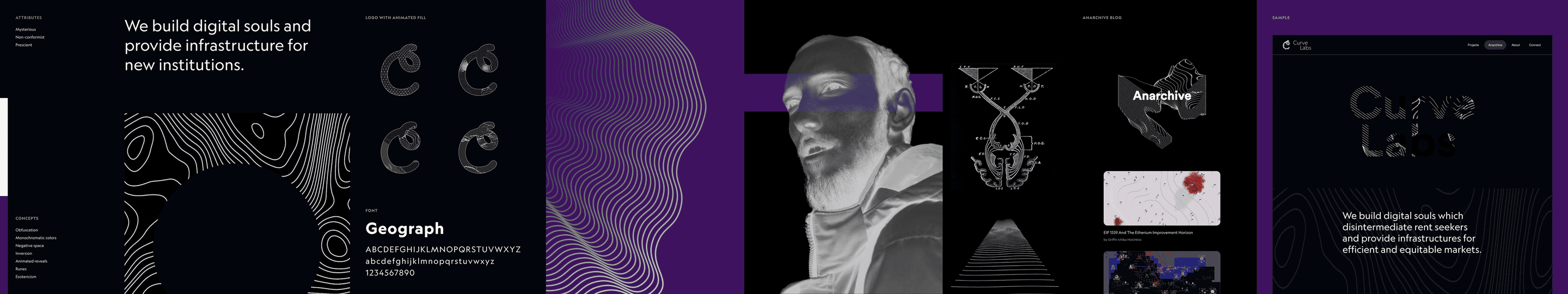Stylescape for direction one on a dark ground: the line “We build digital souls and provide infrastructure for new institutions”, a logo mark with animated fill, the Geograph typeface, a portrait with obscured eyes, an Anarchive blog layout, and a sample page.