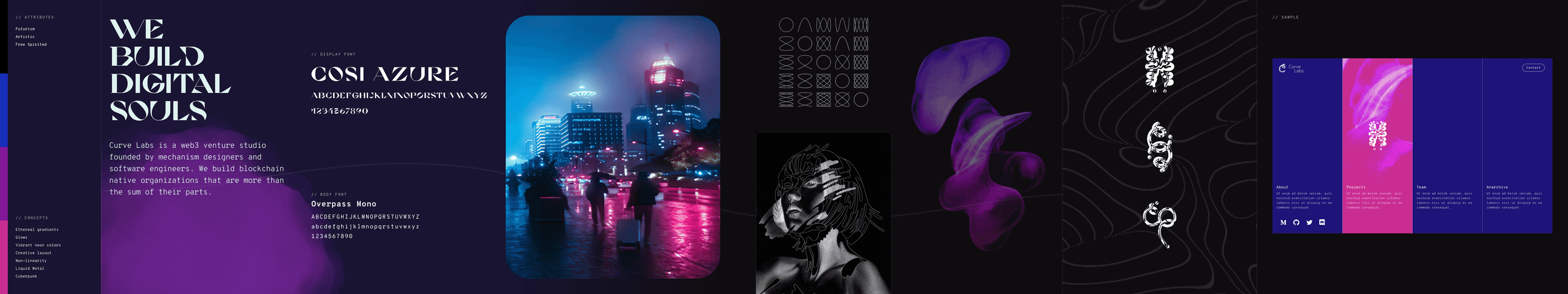 Stylescape for direction three on a dark ground: “We build digital souls” in the Cosi Azure display face with Overpass Mono, a neon city photo, glyph symbols, a purple liquid form, and a sample page in magenta and blue.