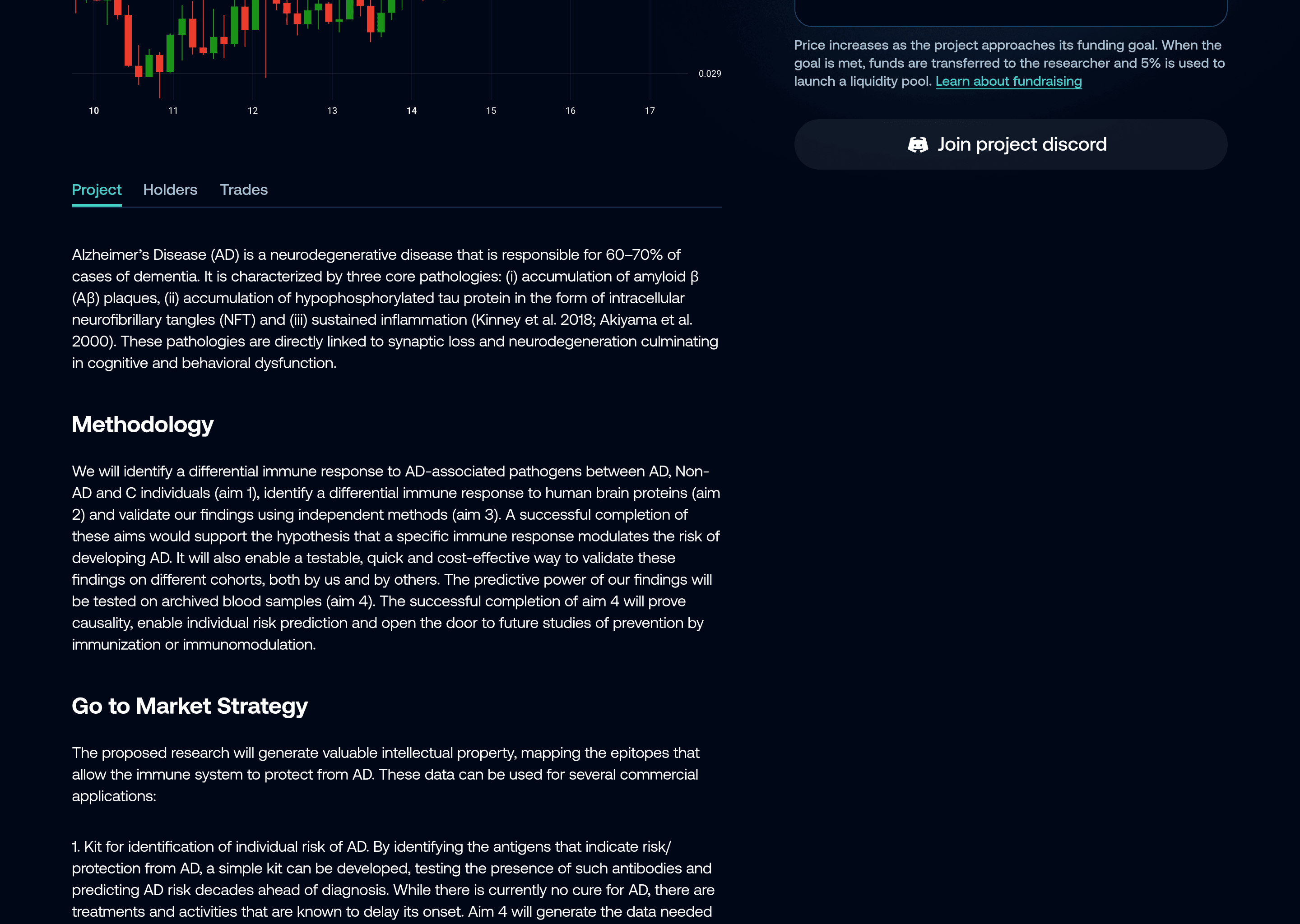 Project tab of the project page, with the research summary, methodology, and go to market strategy as long form text.